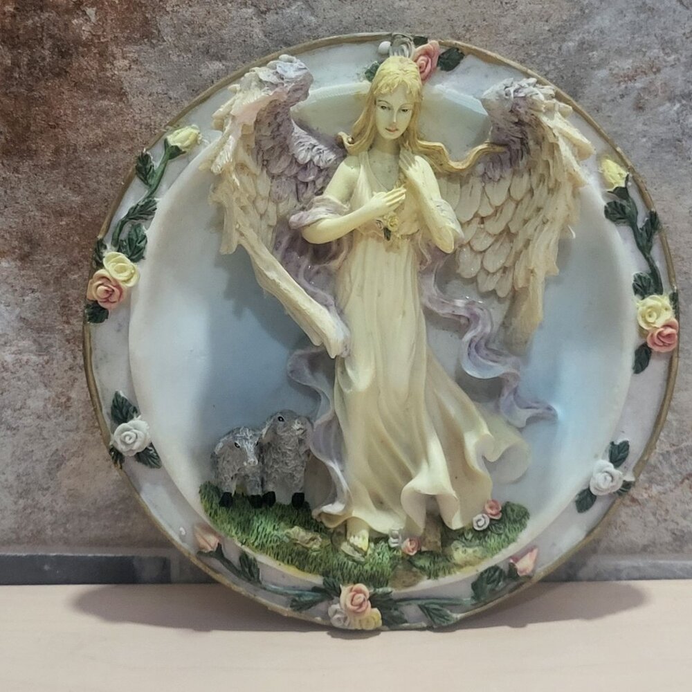 Vintage Collector Plate 3D Guardian Angel Two Lambs Plate Wall Plaque